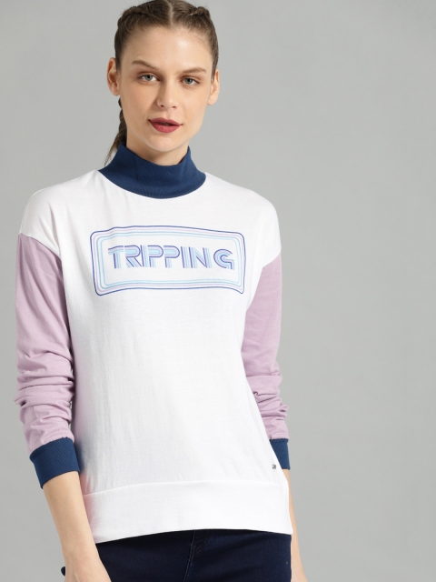 

Roadster Women White & Navy Blue Printed High Neck T-shirt