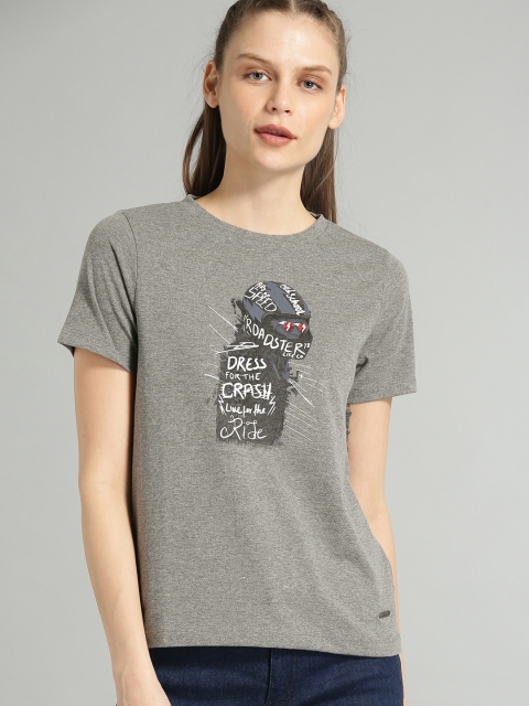 

The Roadster Lifestyle Co Women Grey Printed Round Neck Pure Cotton T-shirt