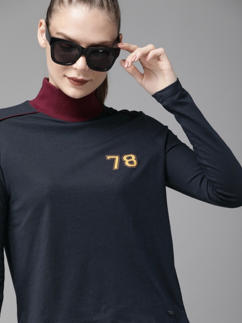 

Roadster Women Navy Blue Solid Turtle Neck T-shirt With Printed Detailing