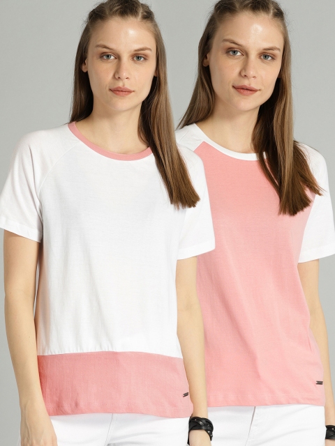 

Roadster Women Pack Of Two White & Pink Colourblocked Round Neck T-shirts