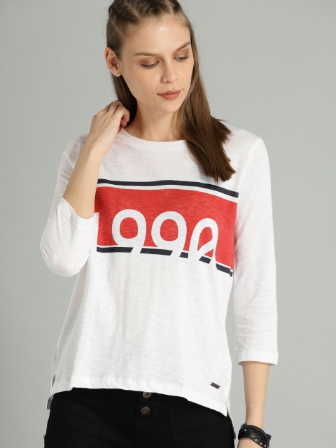 

The Roadster Lifestyle Co Women White Printed Round Neck Pure Cotton T-shirt