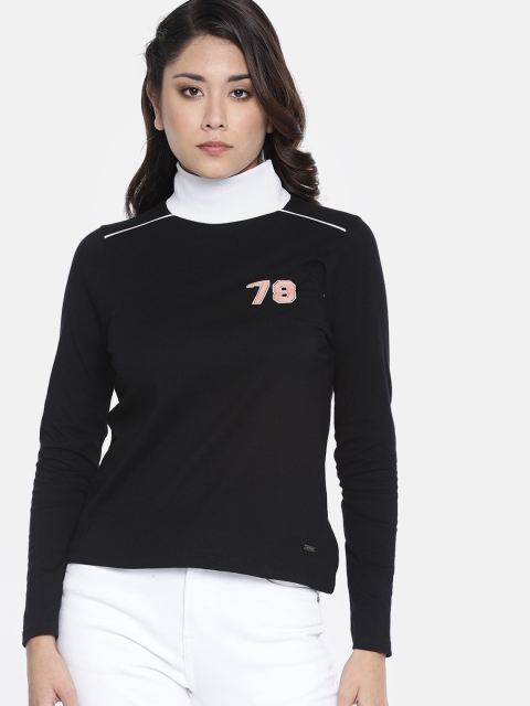 

Roadster Women Black Solid High Neck T-shirt