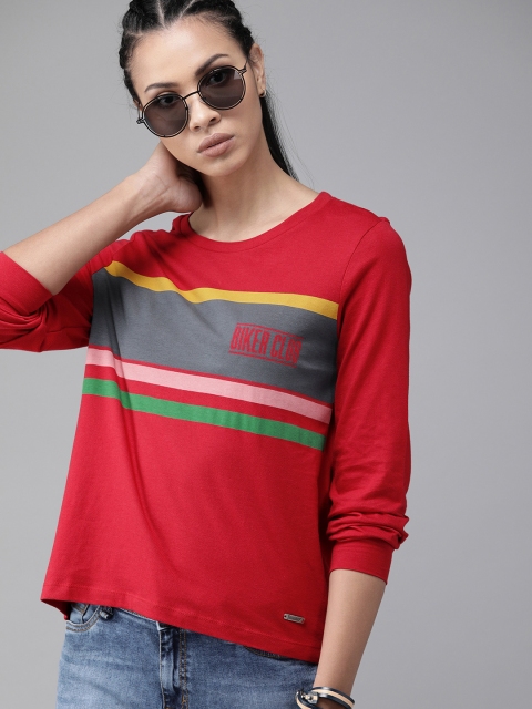 

Roadster Women Coral Red & Charcoal Grey Striped Round Neck T-shirt