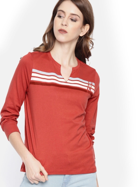 

Roadster Women Rust Red Striped Mandarin Collar T-shirt