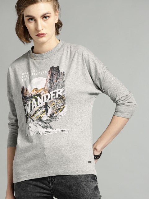 

Roadster Women Grey Melange Printed Round Neck T-shirt