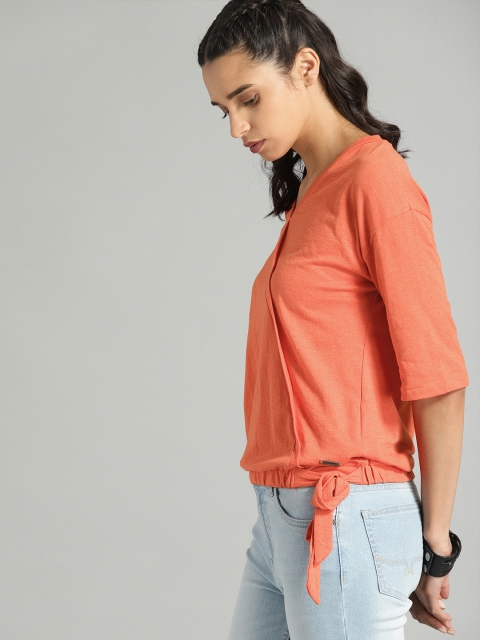 

Roadster Women Coral Orange Pure Cotton Solid Cinched Waist Top