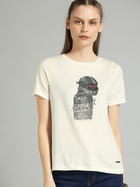 

The Roadster Lifestyle Co Women Cream-Coloured Printed Round Neck Pure Cotton T-shirt
