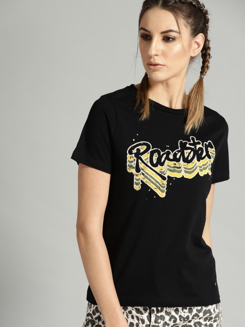 

Roadster Women Black Printed Round Neck T-shirt