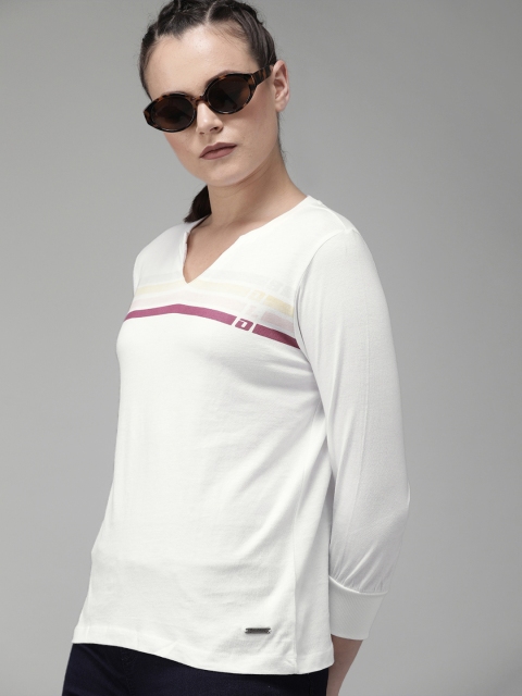 

The Roadster Lifestyle Co Women White Pink Striped V-Neck Pure Cotton T-shirt