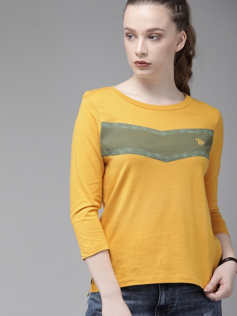 

Roadster Women Mustard Yellow Striped Round Neck T-shirt