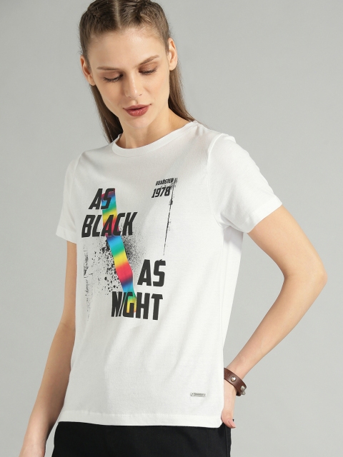 

Roadster Women White Printed Round Neck T-shirt