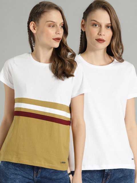 

Roadster Women Mustard Yellow & White Pack of 2 Round Neck T-shirts