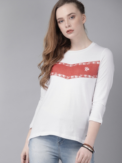

Roadster Women White & Rust Pink Colourblocked Round Neck T-shirt