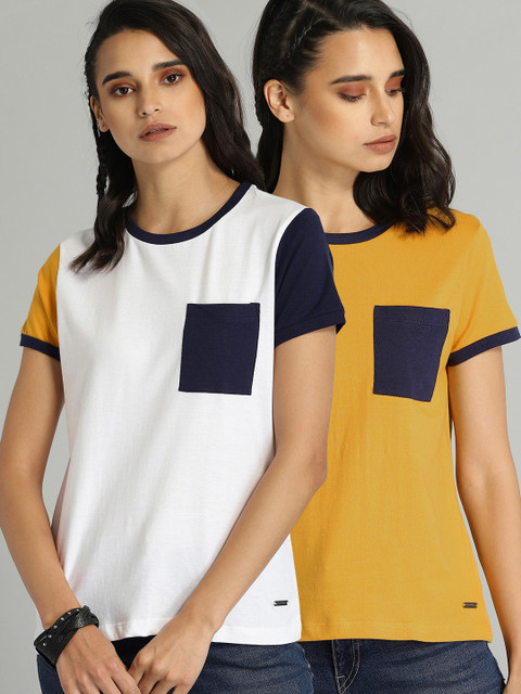 

Roadster Women Pack of 2 Mustard Yellow & White Solid Round Neck T-shirts