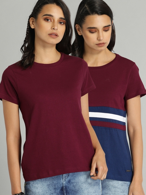 

Roadster Women Pack of 2 Maroon & Blue Solid Round Neck T-shirts