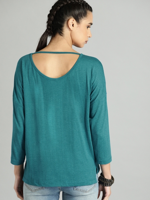 

Roadster Women Teal Blue Solid Knitted High-Low Top