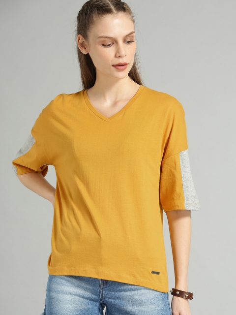 

The Roadster Lifestyle Co Women Mustard Yellow Solid V-Neck Pure Cotton T-shirt