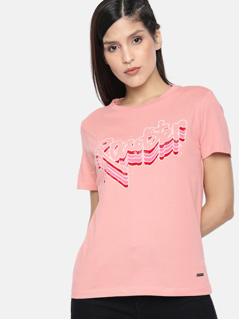 

Roadster Women Peach-Coloured Printed Round Neck T-shirt