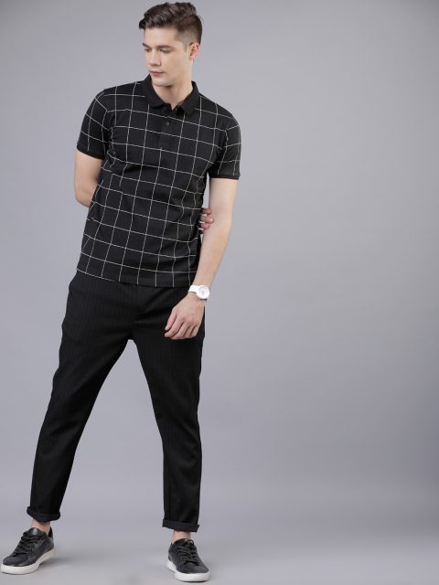 Men Black Checked Polo Collar T-shirt
