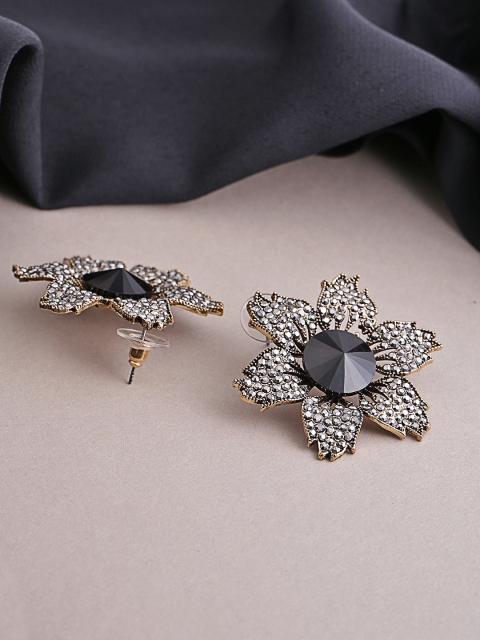 

Jewels Galaxy Black & Gunmetal-Toned Copper-Plated Stone-Studded Floral Drop Earrings
