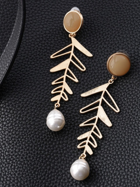 

Jewels Galaxy Beige Gold-Plated Stone-Studded Beaded Contemporary Drop Earrings