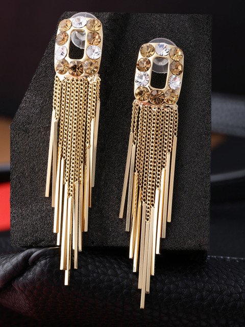 

Jewels Galaxy Brown Gold-Plated Stone-Studded Geometric Tasselled Drop Earrings