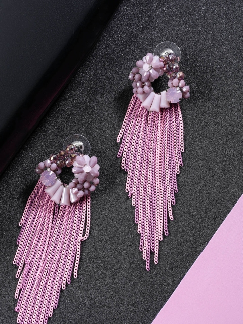 

Jewels Galaxy Pink & Mauve Copper-Plated Beaded Tasselled Contemporary Drop Earrings