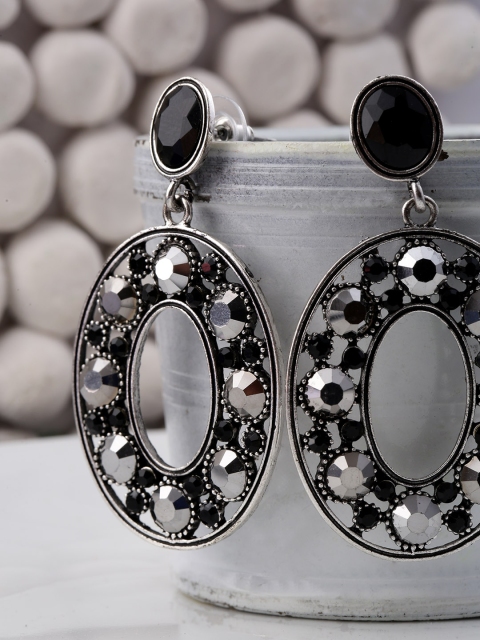 

Jewels Galaxy Black & Silver-Toned Copper-Plated Stone-Studded Oval Drop Earrings