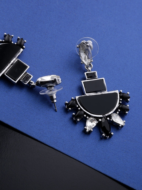 

Jewels Galaxy Black & Silver-Plated Stone-Studded Contemporary Drop Earrings