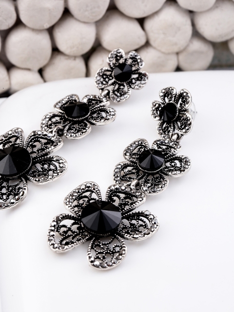 

Jewels Galaxy Black & Silver-Toned Copper-Plated Stone-Studded Floral Drop Earrings