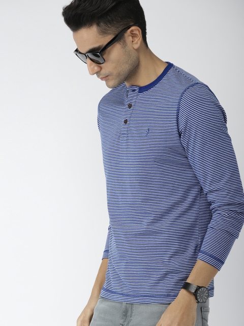 

Indian Terrain Men Blue & White Striped Henley Neck T-shirt