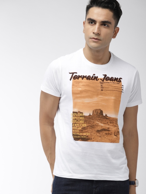 

Indian Terrain Men White Orange Printed Round Neck Pure Cotton T-shirt