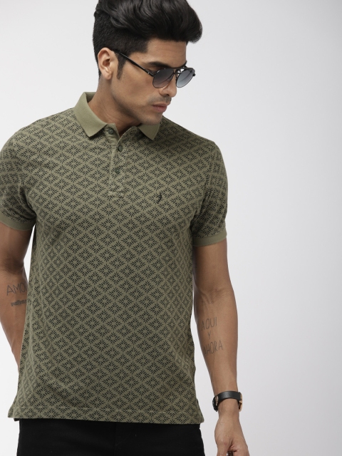

Indian Terrain Men Olive Green Black Printed Polo Collar Pure Cotton T-shirt