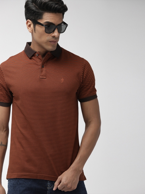 

Indian Terrain Men Rust Orange Coffee Brown Striped Polo Pure Cotton T-shirt