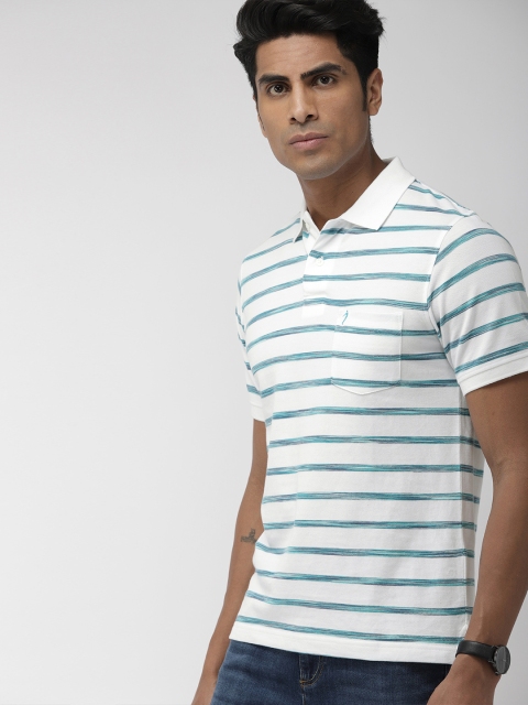 

Indian Terrain Men White & Blue Striped Polo Collar T-shirt