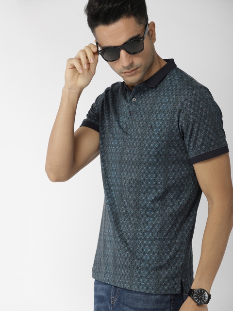 

Indian Terrain Men Teal Blue Printed Polo Collar Pure Cotton T-shirt