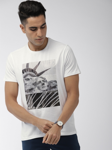 

Indian Terrain Men White Black Printed Round Neck Pure Cotton T-shirt