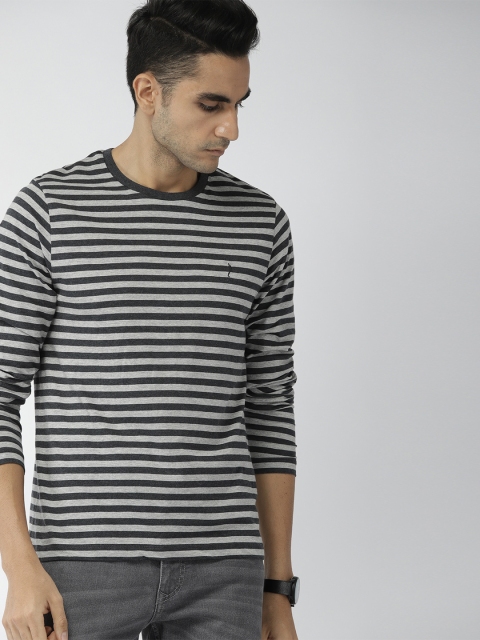 

Indian Terrain Men Grey Striped Round Neck T-shirt