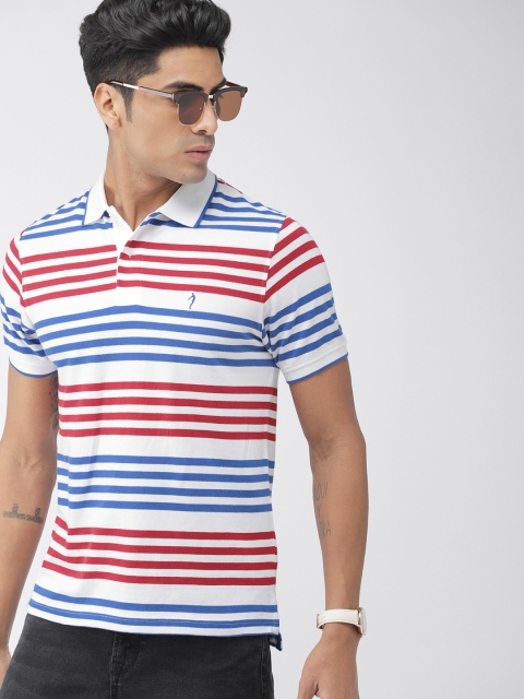 

Indian Terrain Men White & Blue Striped Polo Collar T-shirt