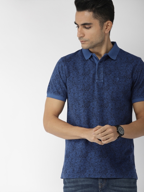

Indian Terrain Men Navy Blue Black Printed Polo Collar Pure Cotton T-shirt