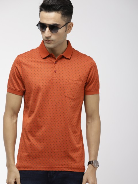 

Indian Terrain Men Rust Orange Green Printed Polo Collar Pure Cotton T-shirt
