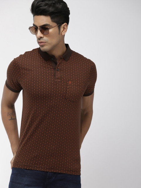 

Indian Terrain Men Coffee Brown Orange Printed Polo Collar Pure Cotton T-shirt