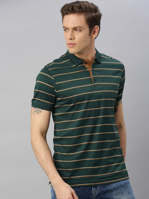 

Indian Terrain Men Green & Mustard Yellow Striped Polo Collar T-shirt