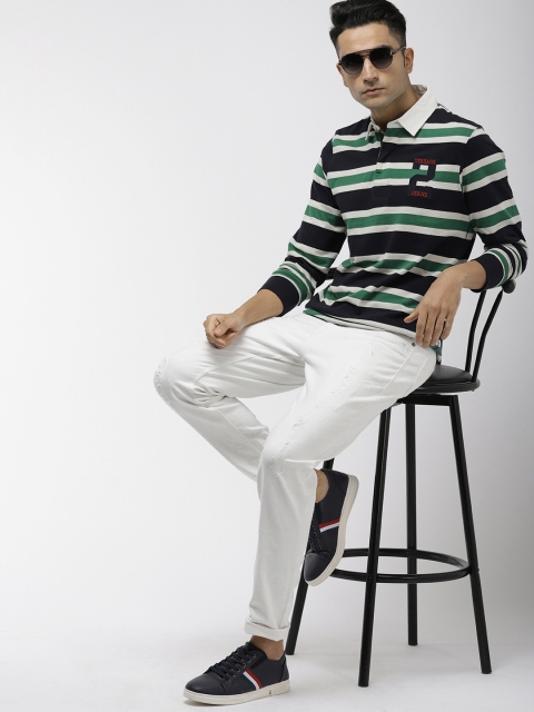 

Indian Terrain Men Navy Blue Off-White Striped Polo Collar Pure Cotton T-shirt