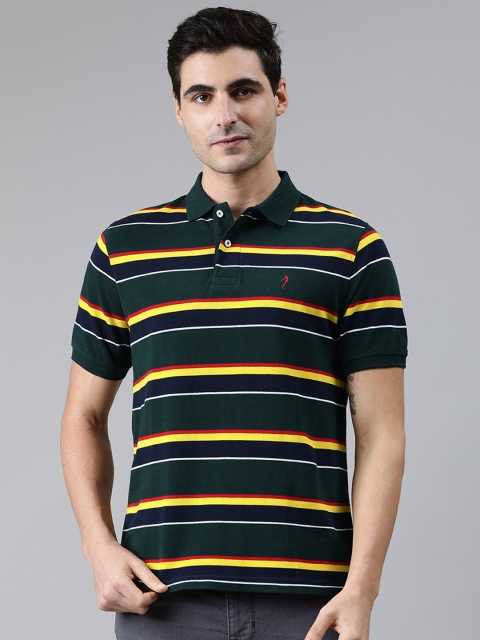 

Indian Terrain Men Navy Blue Yellow Striped Polo Collar Pure Cotton T-shirt