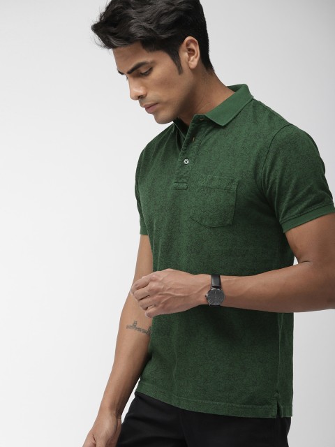 

Indian Terrain Men Olive Green Black Printed Polo Pure Cotton T-shirt