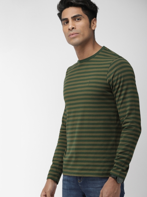 

Indian Terrain Men Olive Green Striped Round Neck T-shirt
