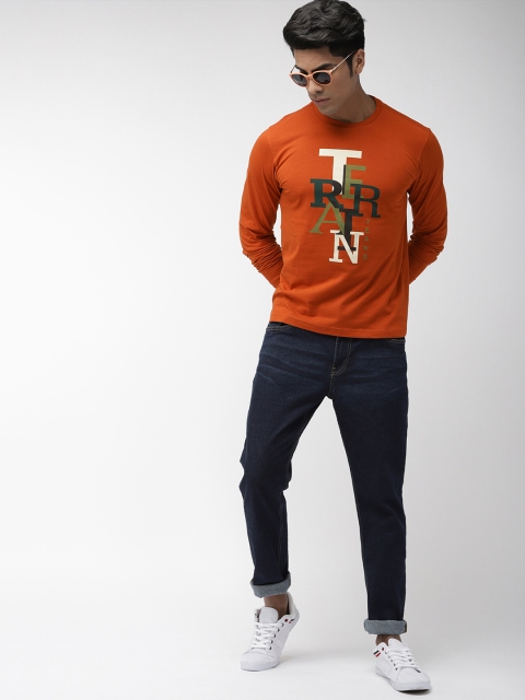 

Indian Terrain Men Rust Orange Printed Round Neck T-shirt