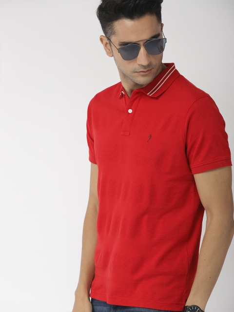 

Indian Terrain Men Red Self Design Polo Collar Pure Cotton T-shirt