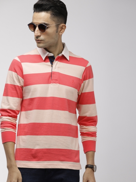 

Indian Terrain Men Coral Orange & Peach-Coloured Striped Polo Collar T-shirt